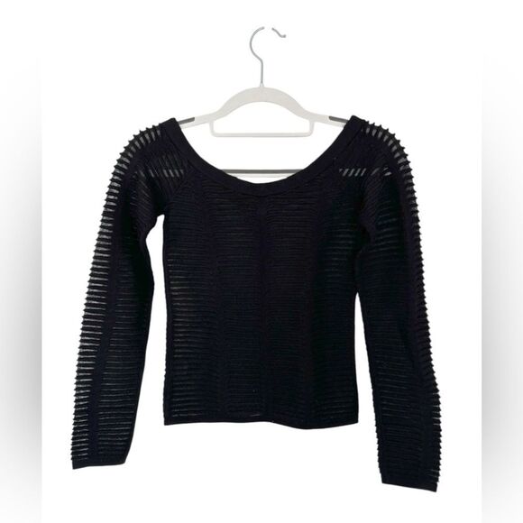 NWOT NBD Black Ribbed Mesh Off-Shoulder V-Neck Sweater - Picture 3 of 3